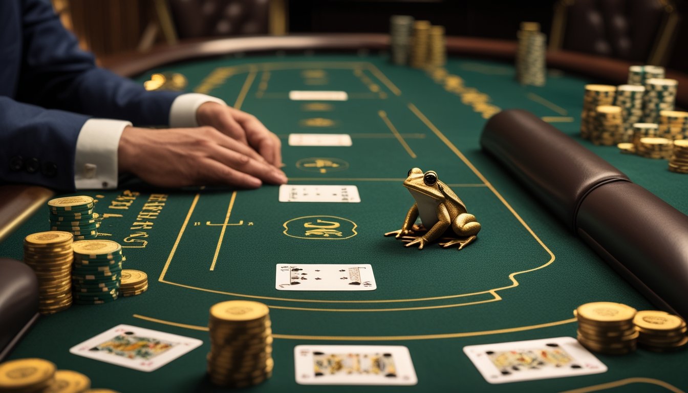 Pemain dan dealer berada di meja baccarat modern dengan kartu, keping kasino, dan patung katak emas kecil.