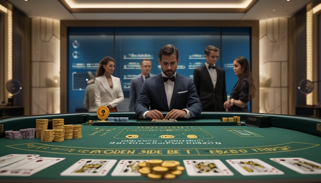 Meja baccarat modern dengan kartu, chip emas, penanda katak emas, dealer, dan pemain yang sedang menganalisis taruhan sampingan.