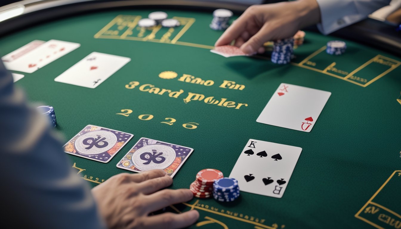 Seorang pemula belajar bermain Three Card Poker bersama dealer di meja poker dengan kartu dan keping taruhan.