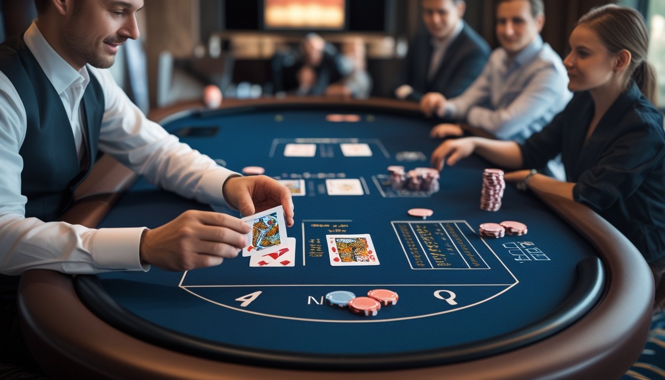 Dealer menunjukkan tata letak permainan Three Card Poker kepada pemain pemula di meja kasino.