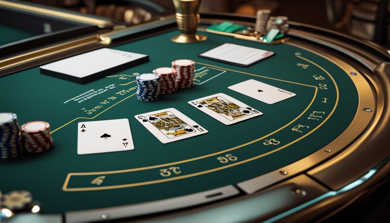 Meja kasino dengan kartu Three Card Poker, tumpukan chip, dan perlengkapan analisis strategi.