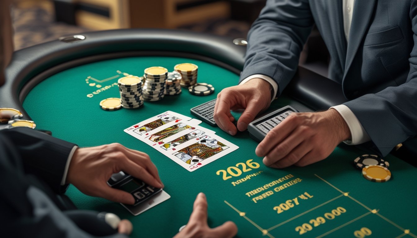 Meja Three Card Poker dengan kartu, keping taruhan, dan dealer yang sedang menunjukkan permainan.