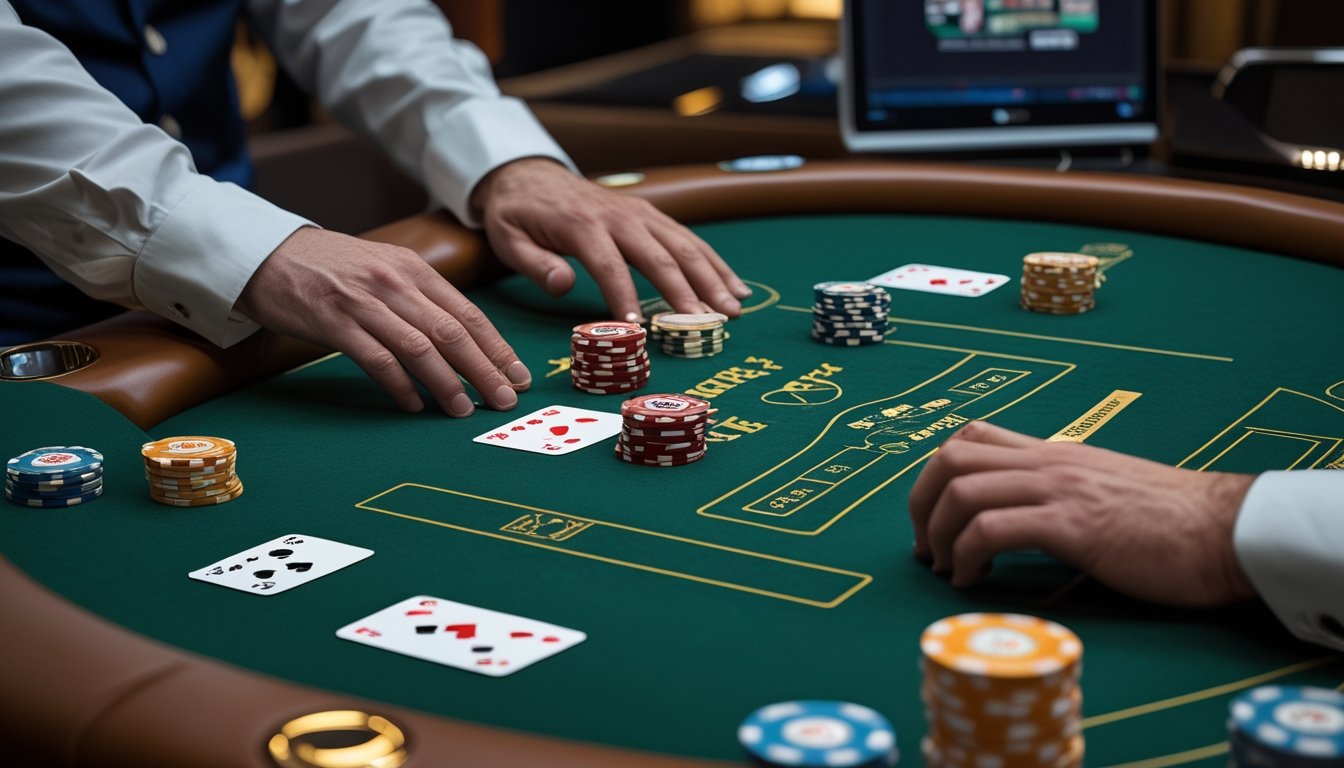 Meja poker digital dengan kartu tertutup, tumpukan chip, dan dua area taruhan di samping layar komputer.
