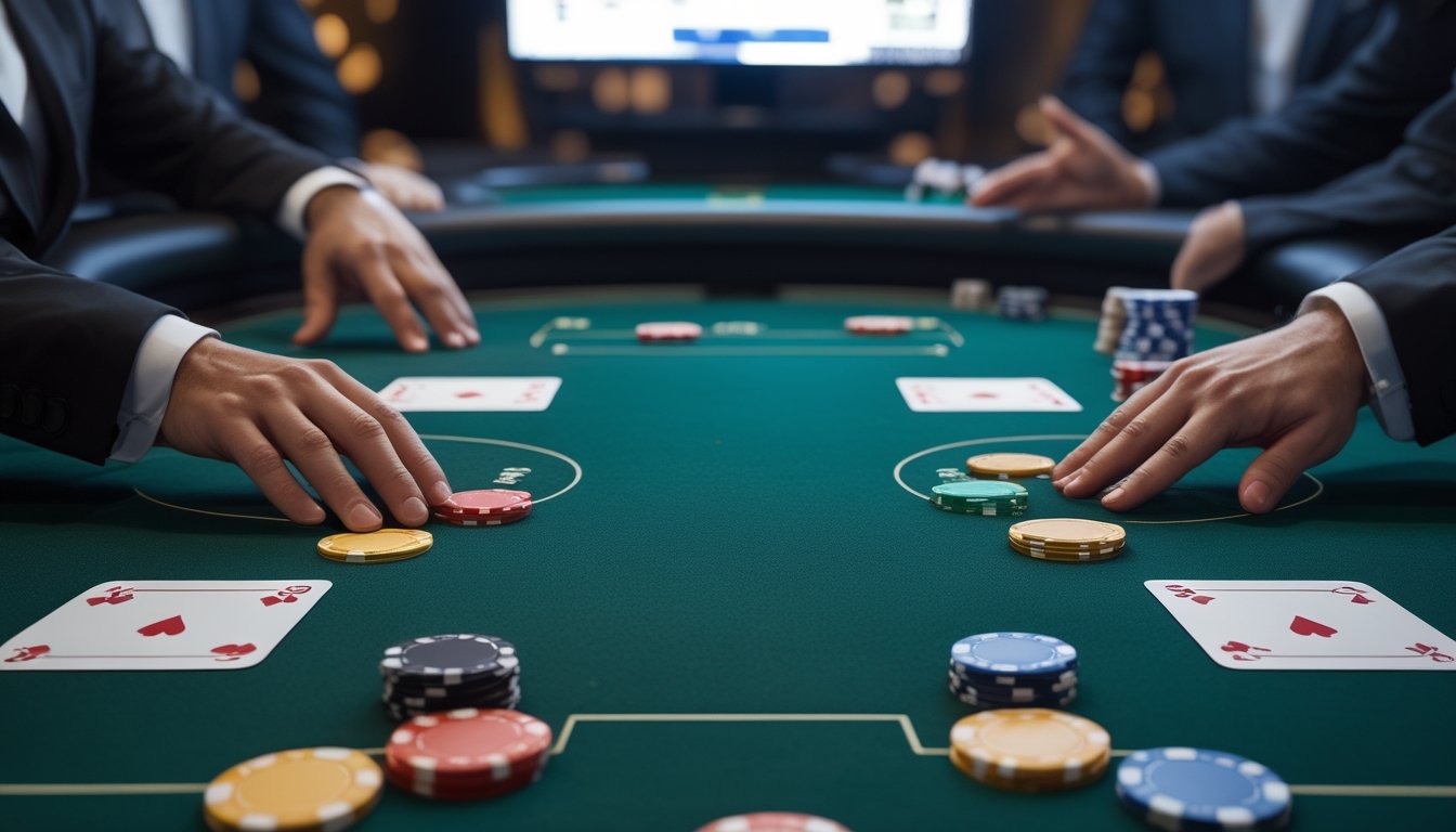 Meja Three Card Poker dengan tiga kartu tertutup, tumpukan chip, dan tangan dealer.