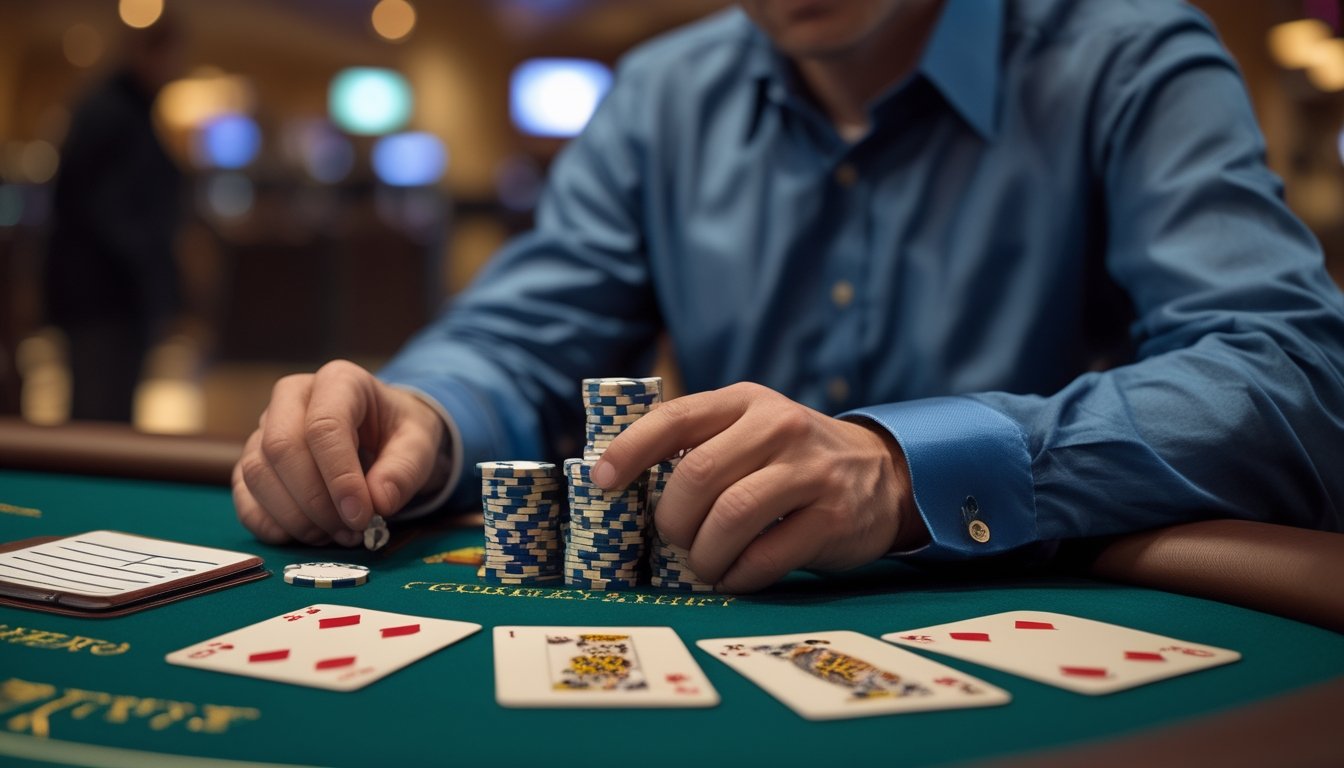 Seorang pemain menyusun keping poker dan mencatat anggaran di meja kasino dengan tiga kartu tertutup.