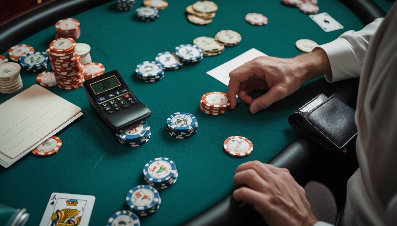 Tangan pemain mengatur tumpukan chip poker secara terpisah di meja kasino dengan dompet dan kalkulator.