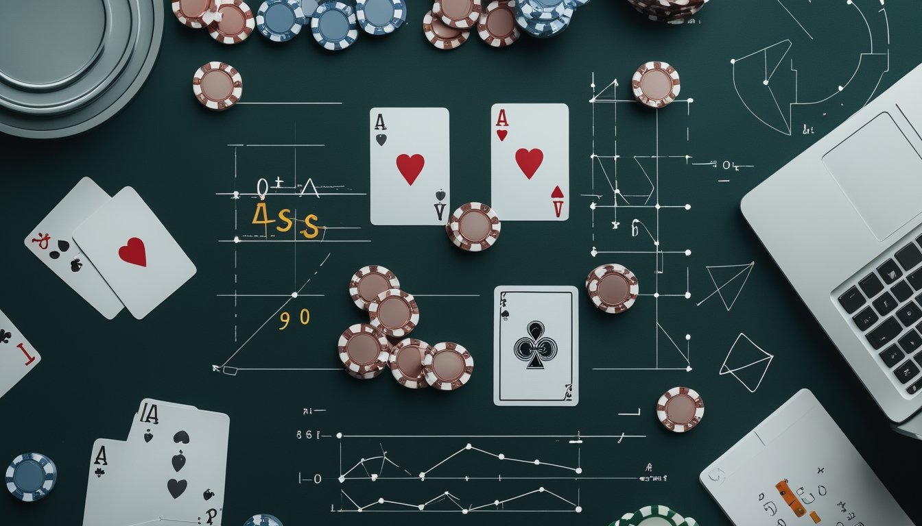 Kartu poker, keping taruhan, kalkulator, dan grafik abstrak tersusun di atas meja kasino.