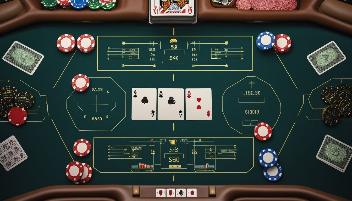 Kartu poker dan keping taruhan tersusun di atas meja kasino hijau.