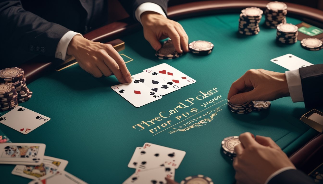 Meja kasino dengan kartu poker, tumpukan chip, dan tangan dealer yang sedang menyiapkan permainan.
