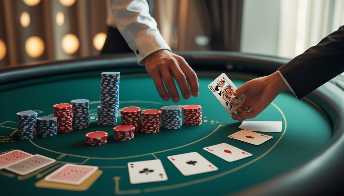Meja kasino dengan kartu Three Card Poker yang menampilkan sepasang kartu dan tumpukan chip taruhan.