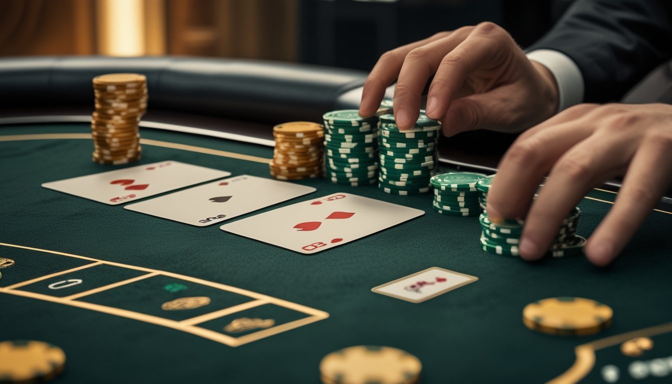 Meja poker dengan tiga kartu dan enam keping chip bonus dalam suasana kasino modern.