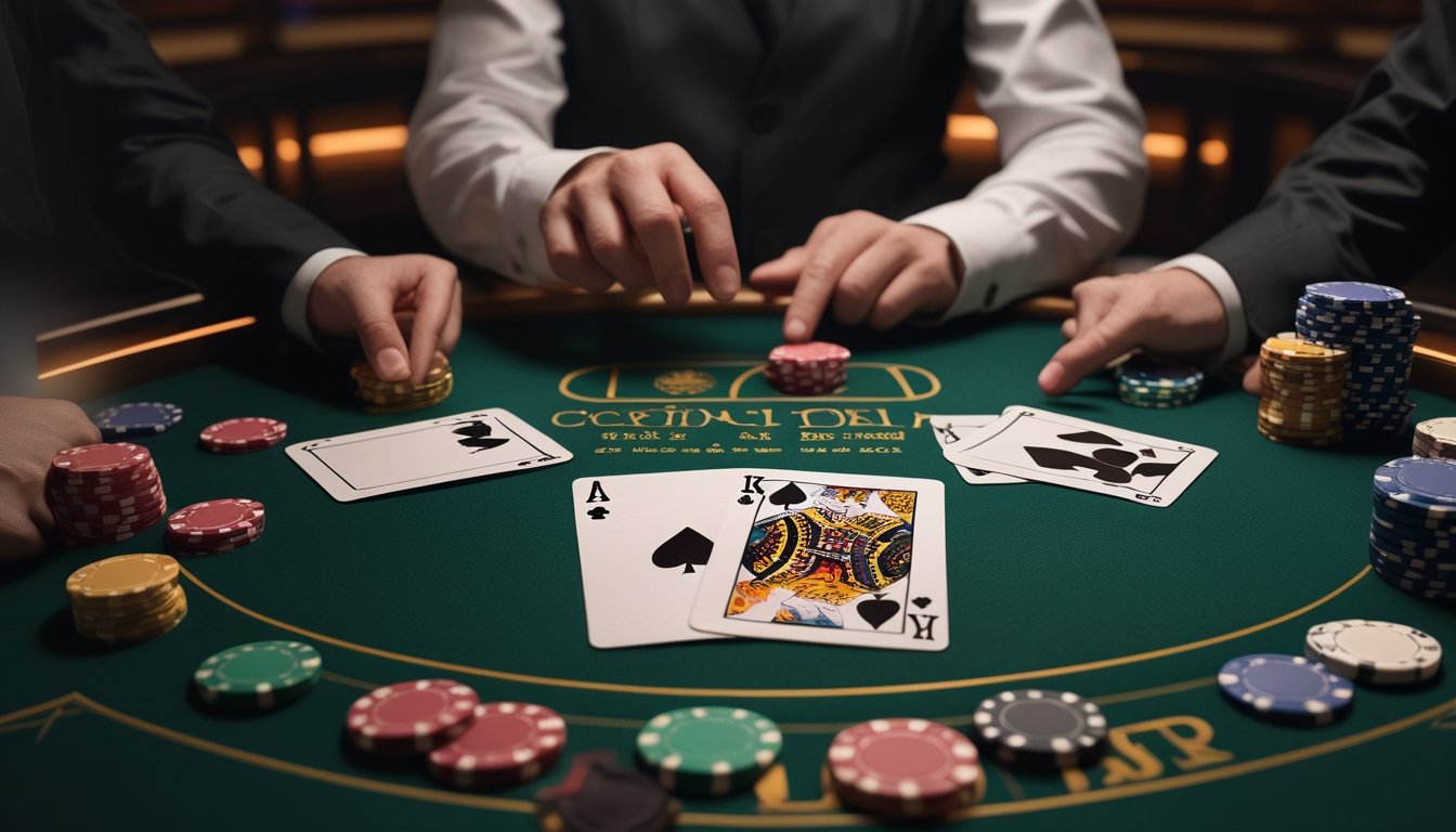 Kartu poker, chip kasino, dan tangan dealer di atas meja felt hijau.