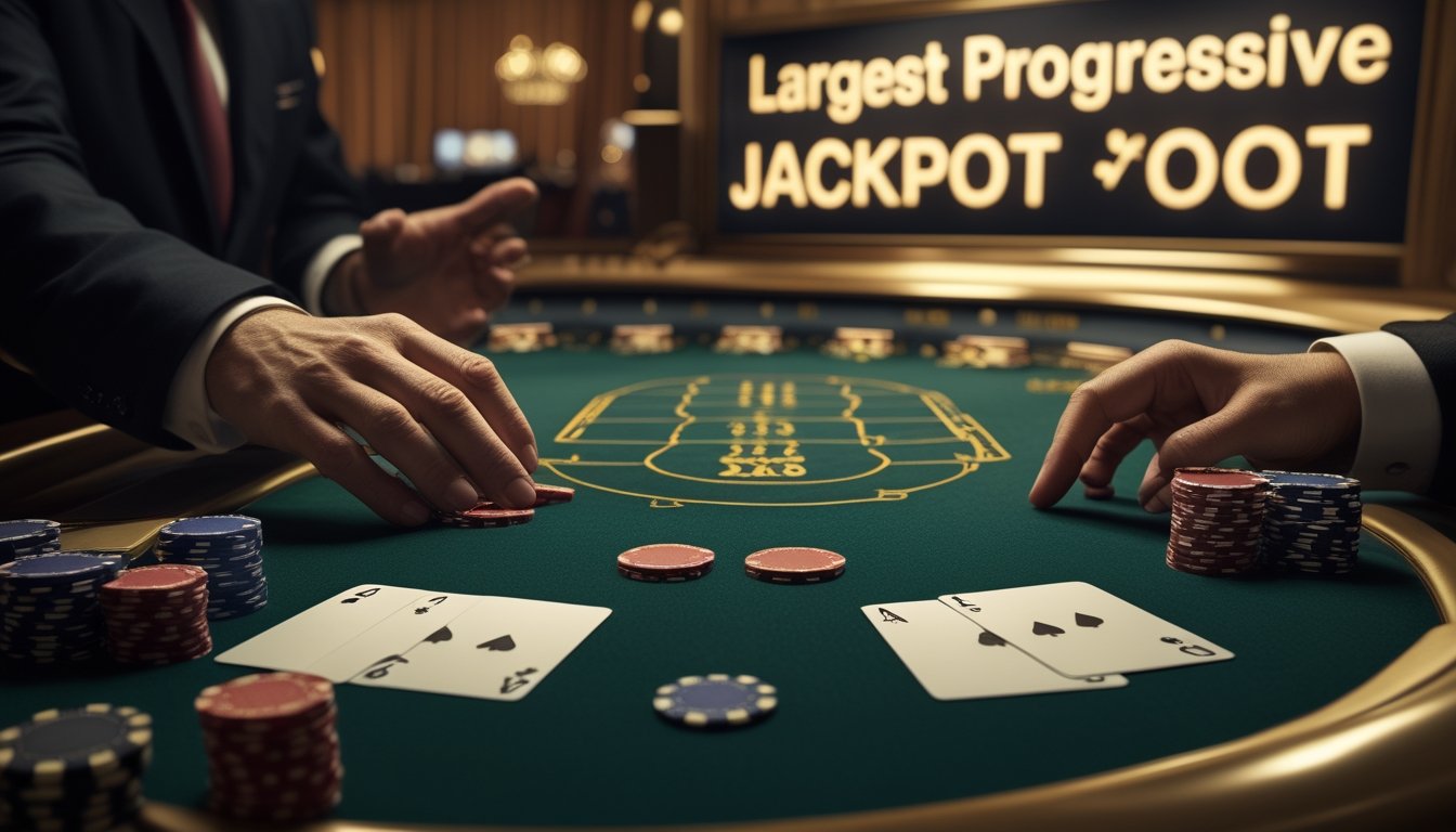 Meja Three Card Poker dengan kartu, keping taruhan, dan suasana kasino mewah.