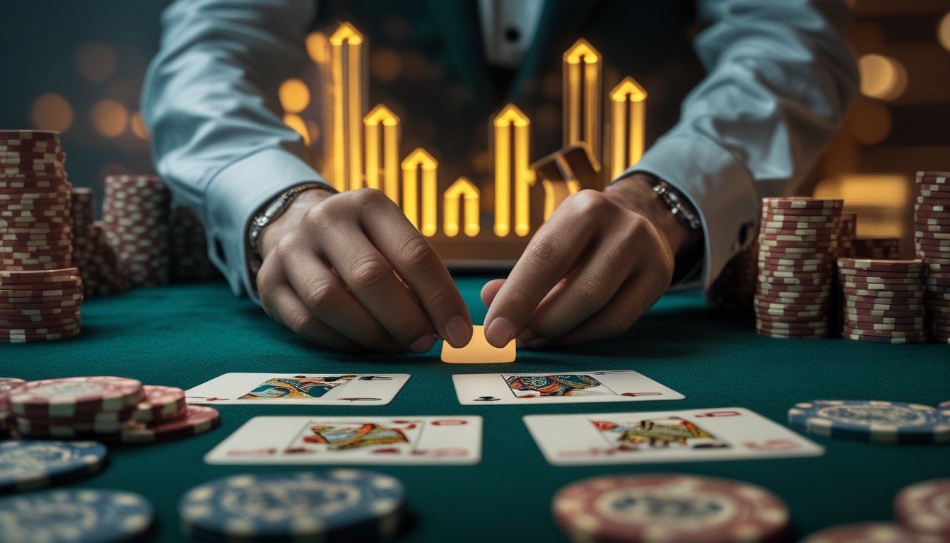 Meja Three Card Poker dengan kartu, tumpukan chip, dan dealer yang sedang menata permainan.