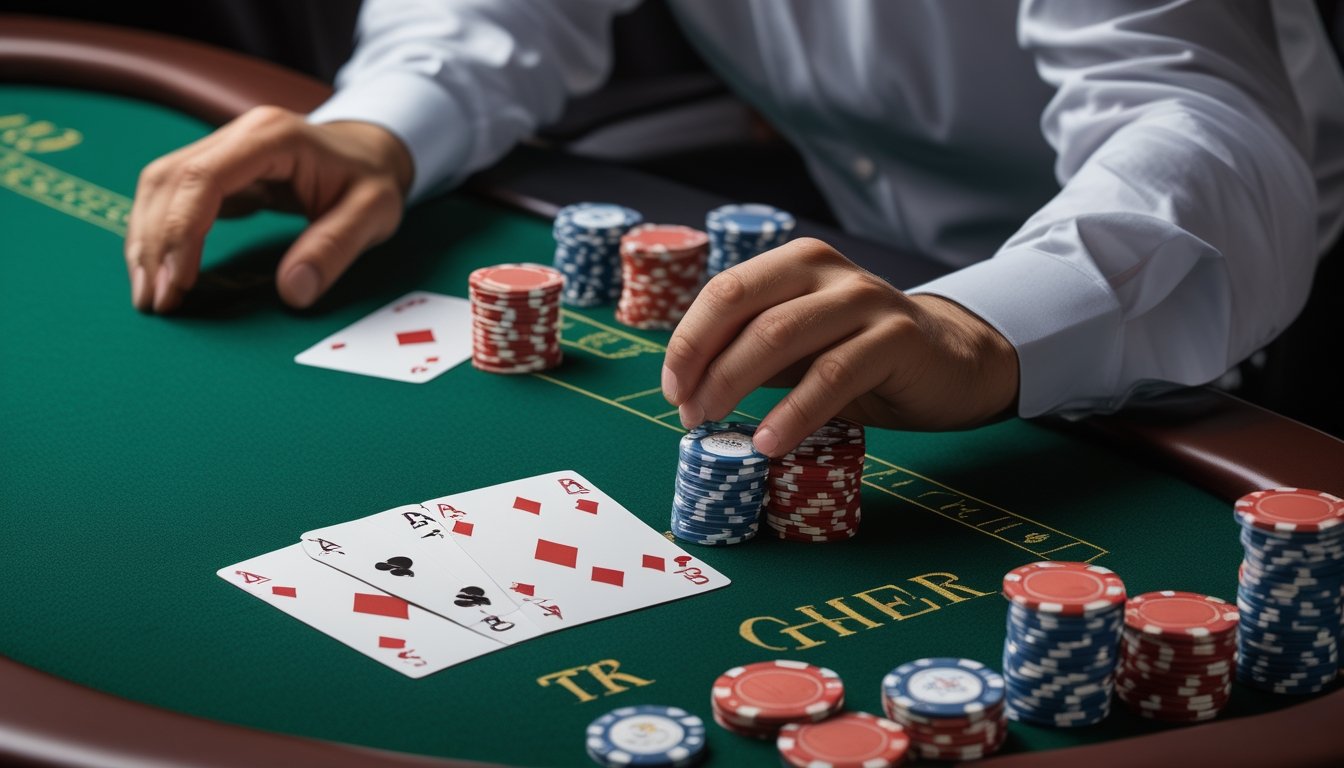 Tangan pemain mempertimbangkan taruhan sampingan di meja Three Card Poker dengan kartu dan keping taruhan.