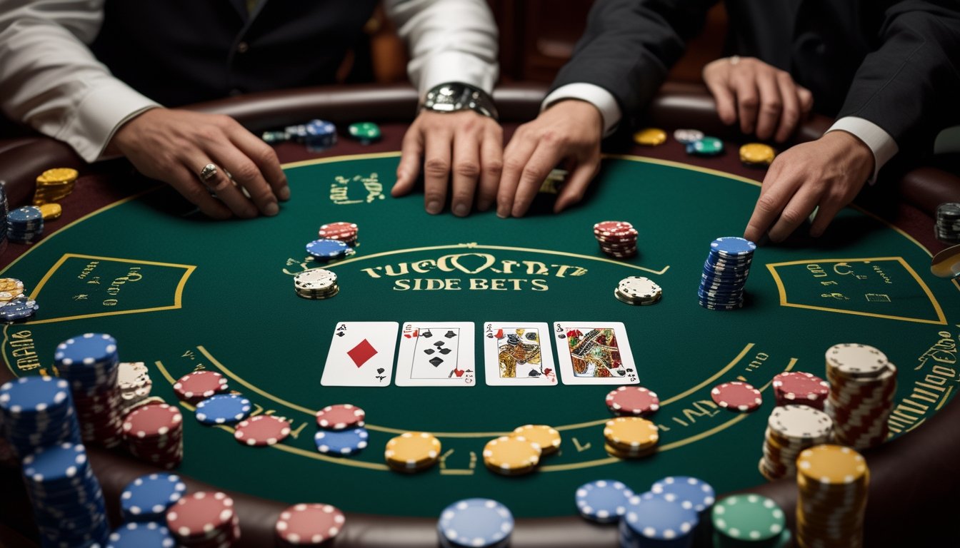 Meja kasino dengan kartu Three Card Poker dan keping taruhan yang tertata rapi.