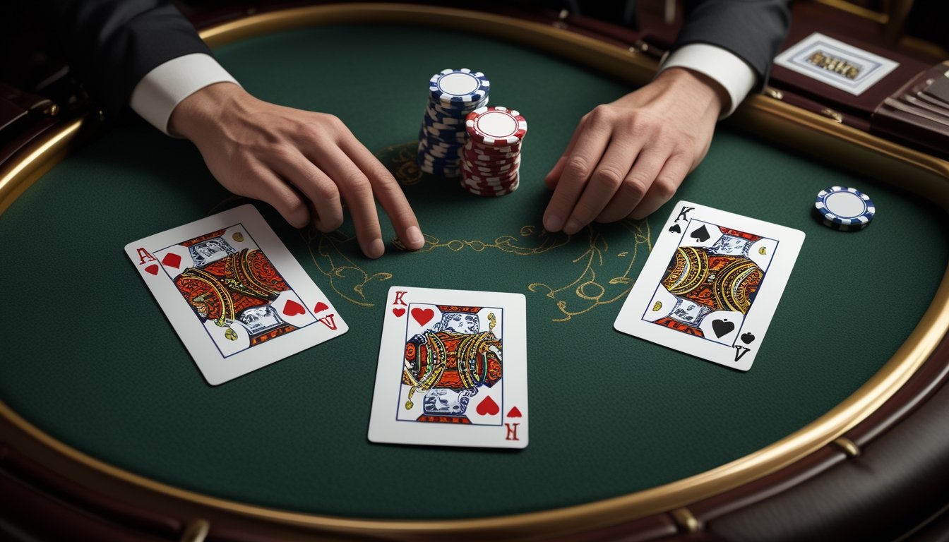 Tiga kartu poker membentuk kombinasi straight flush di atas meja kasino hijau, dengan keping taruhan di sampingnya.