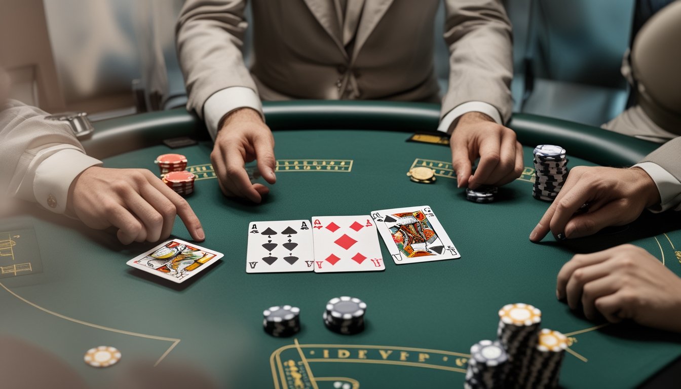Tiga kartu poker berurutan dengan jenis yang sama tersusun di atas meja kasino hijau, disertai keping taruhan dan setumpuk kartu.