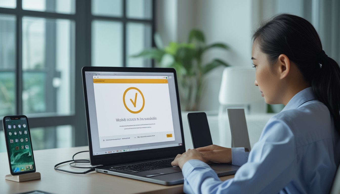 Seorang profesional memeriksa laptop dan perangkat jaringan untuk mengatasi masalah akses situs.