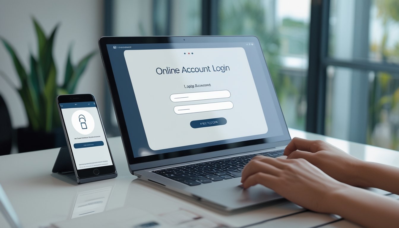 Laptop dan ponsel menampilkan antarmuka login umum di atas meja kerja modern.