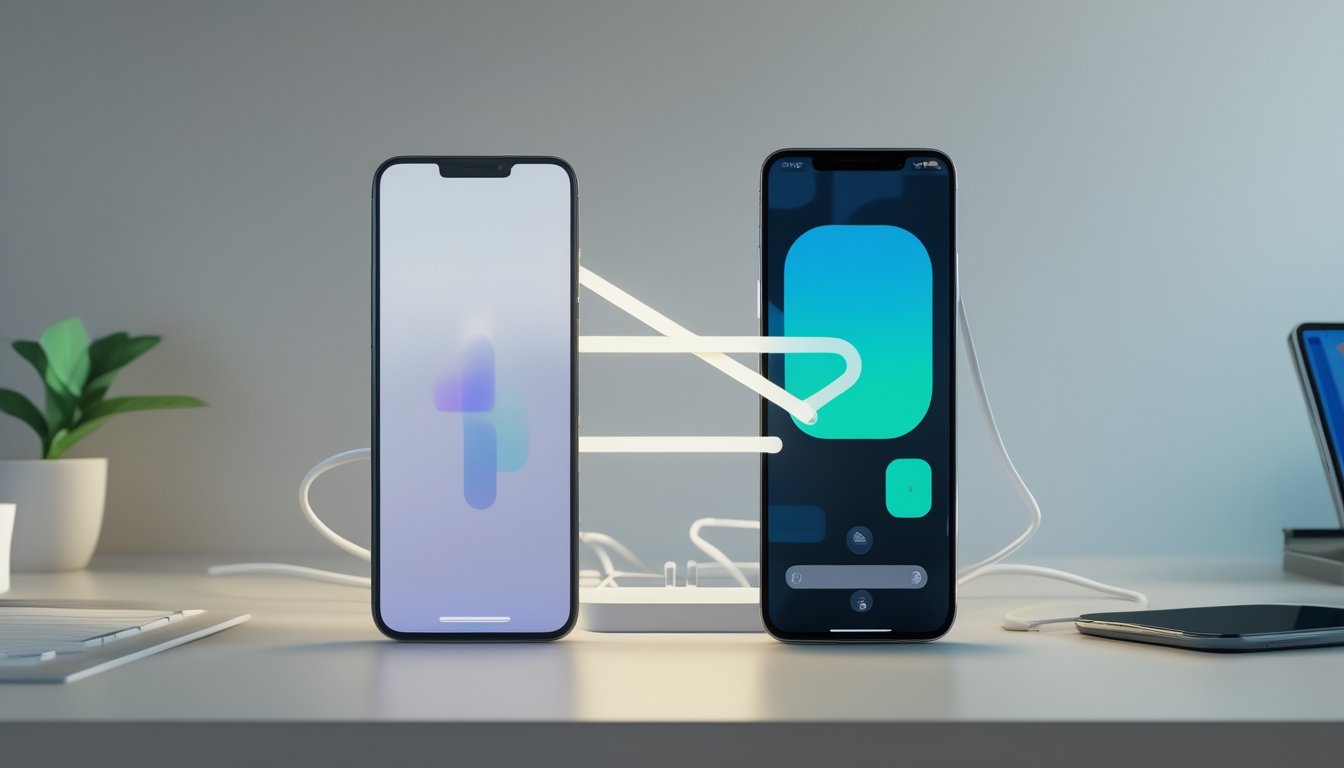 Ponsel Android dan iPhone diletakkan berdampingan di atas meja dengan tablet dan aksesori teknologi di latar belakang.