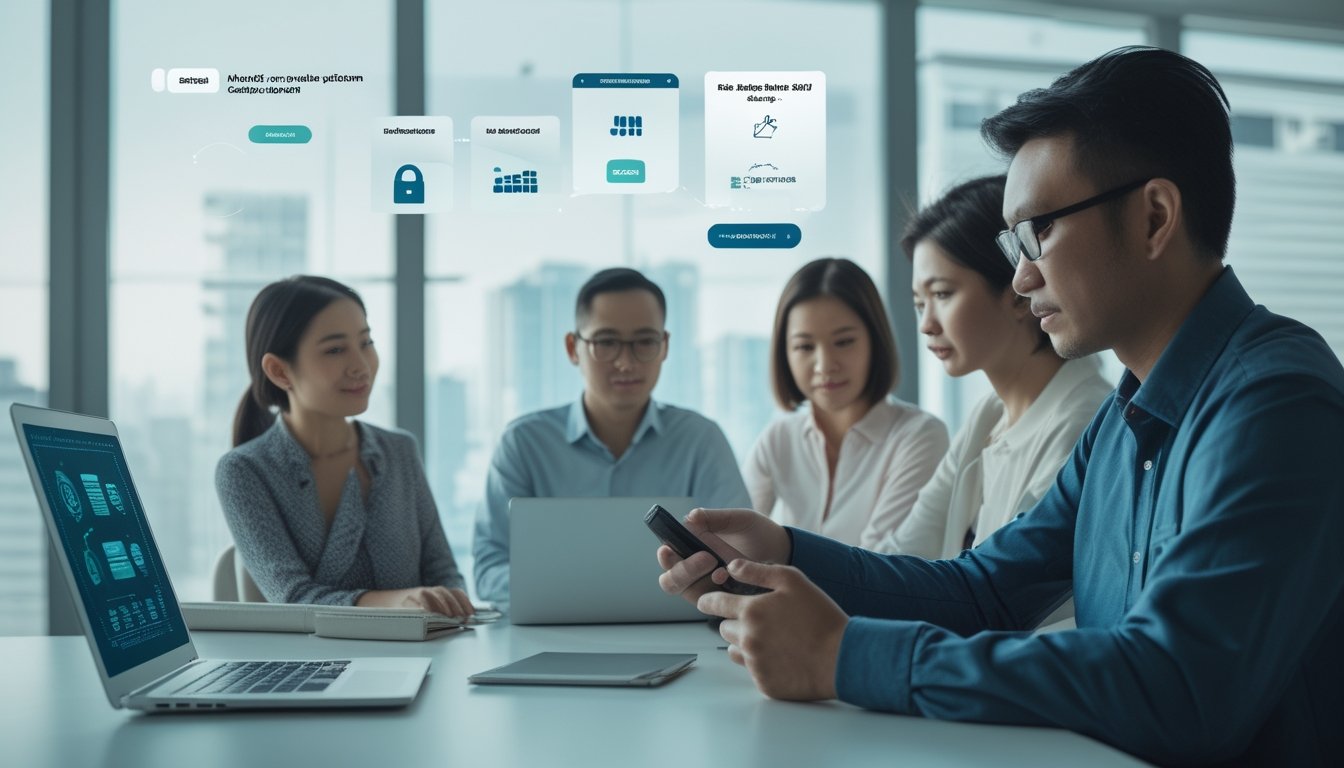 Sekelompok orang membandingkan layanan digital menggunakan laptop dan ponsel di kantor modern.