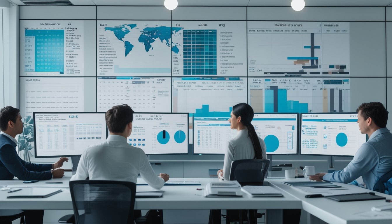 Tim analis meninjau jadwal dan data pasar lotre internasional di ruang kerja modern.