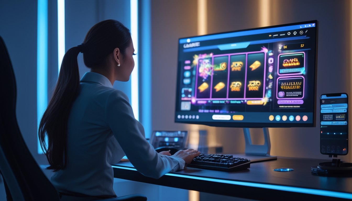 Seorang pemain duduk di depan komputer dengan tampilan permainan slot berwarna-warni di ruangan modern.