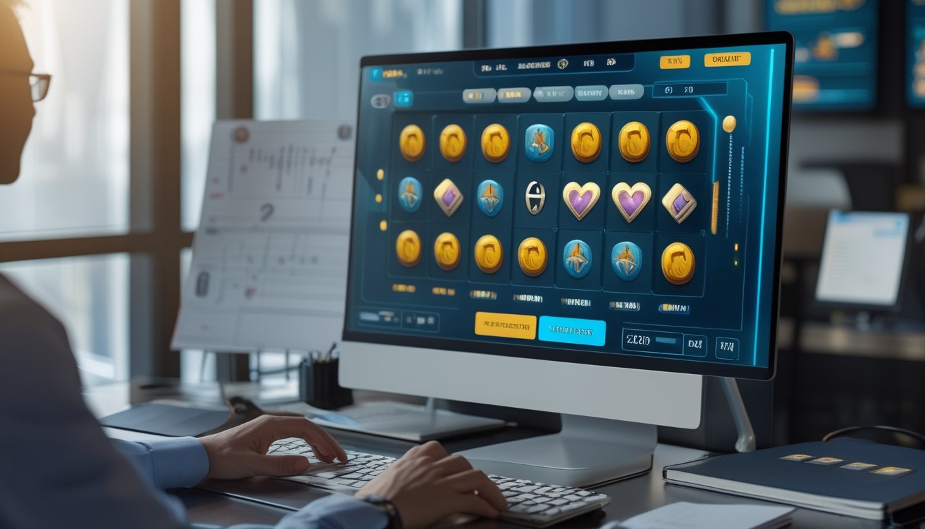 Analis sedang mempelajari mekanisme permainan slot dan grafik probabilitas di depan komputer.