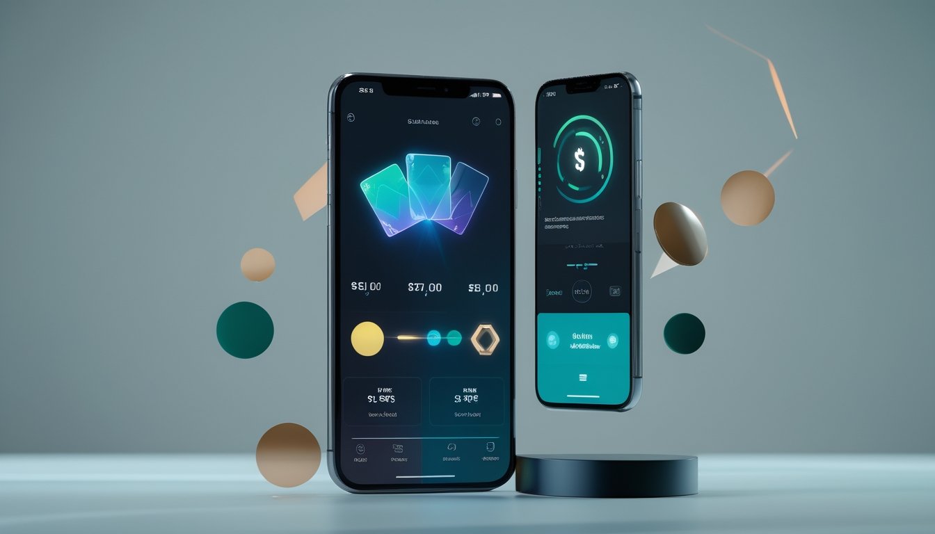 Dua ponsel menampilkan antarmuka permainan digital dan pembayaran seluler di atas meja modern.