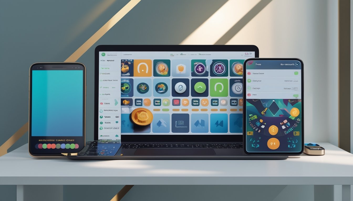 Perangkat digital menampilkan berbagai pilihan permainan dan konsep pembayaran seluler di atas meja modern.