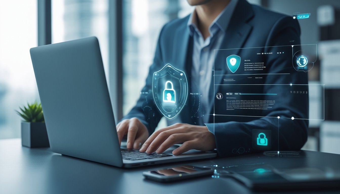 Seorang profesional memeriksa keamanan data digital di laptop dengan simbol perisai dan gembok di sekitarnya.