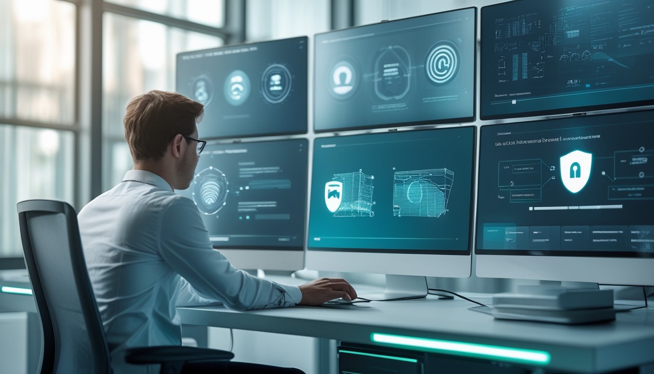 Analis keamanan memeriksa sistem digital dengan simbol perisai, kunci, dan jaringan data terlindungi.