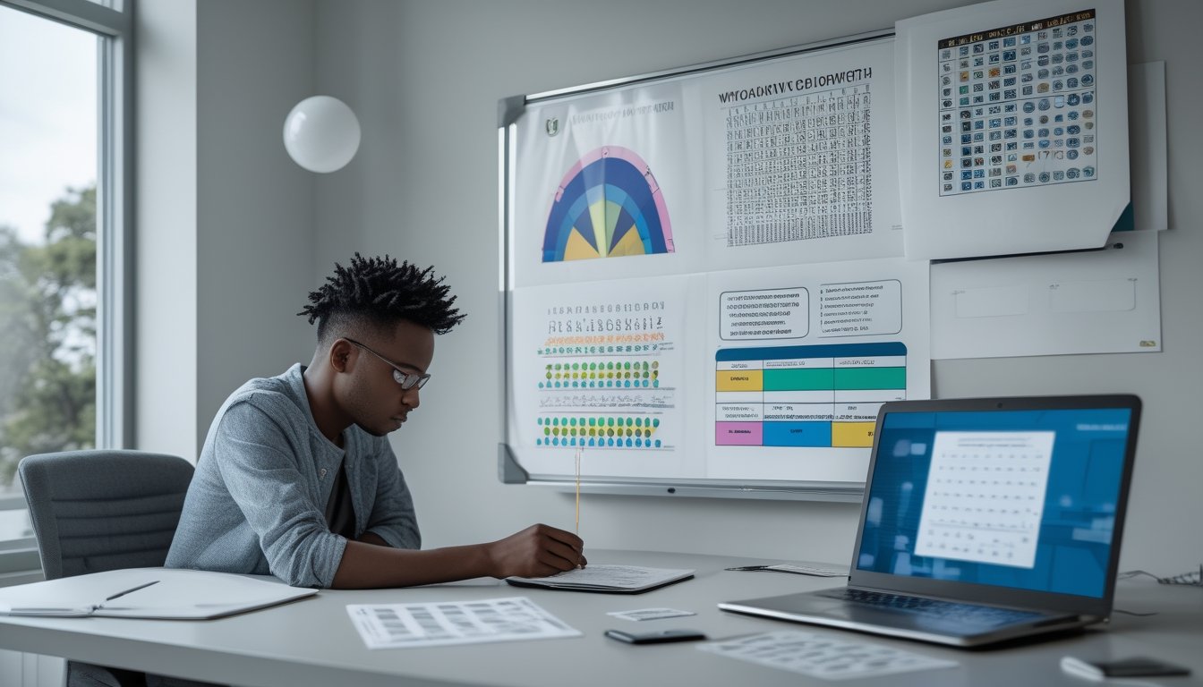 Seseorang mempelajari pola angka dan diagram probabilitas di meja kerja dengan kalkulator, catatan, dan laptop.