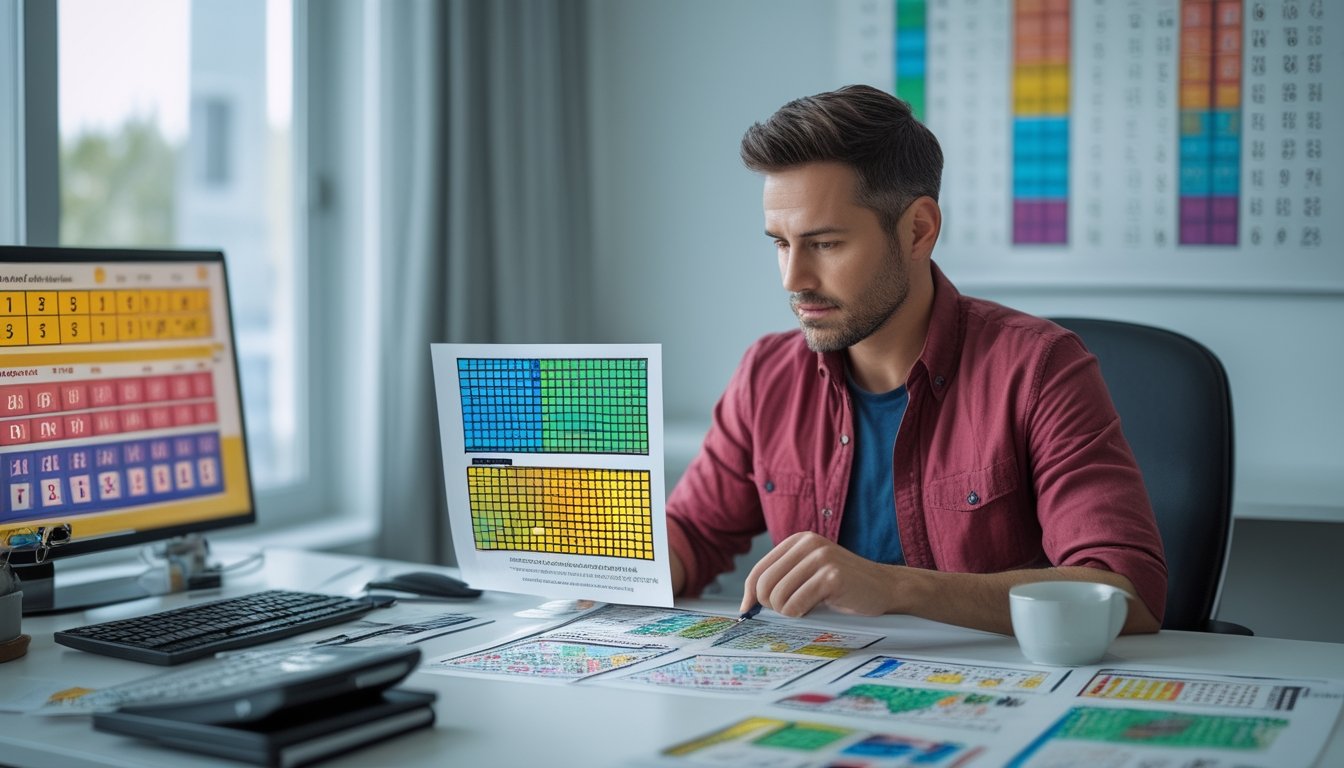 Seorang analis memeriksa lembar grafik berwarna dan visualisasi data di meja kerja.