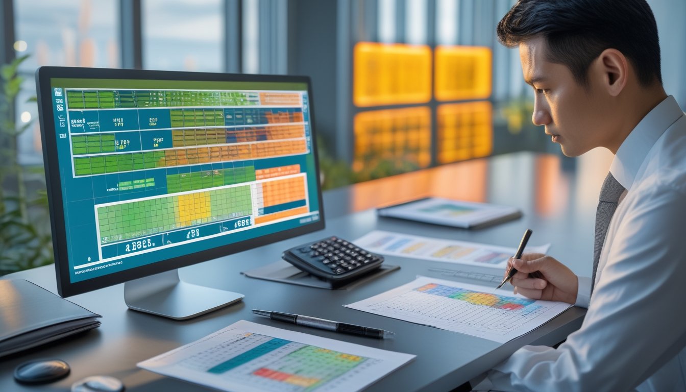 Seorang analis memeriksa tabel data berwarna dan grafik abstrak di meja kerja modern.
