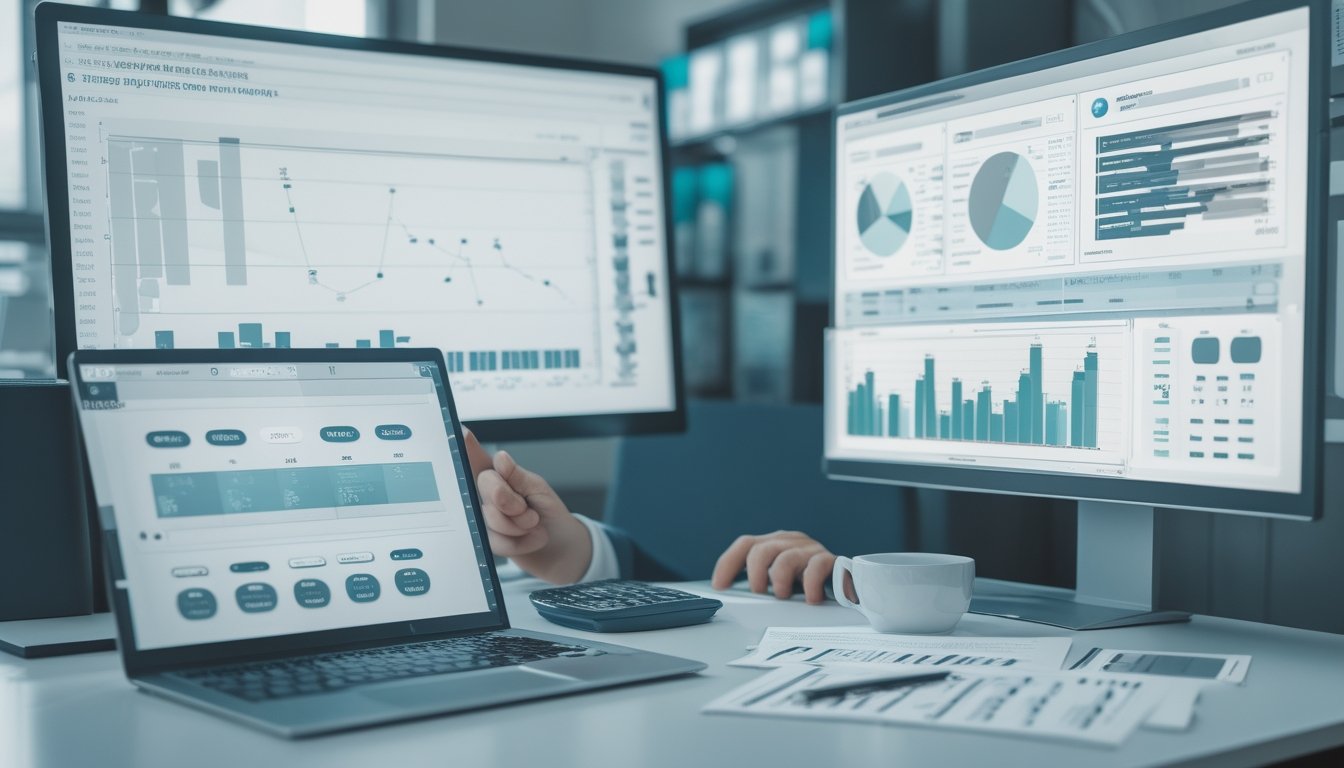 Seorang analis memeriksa grafik data dan perhitungan anggaran di meja kerja.
