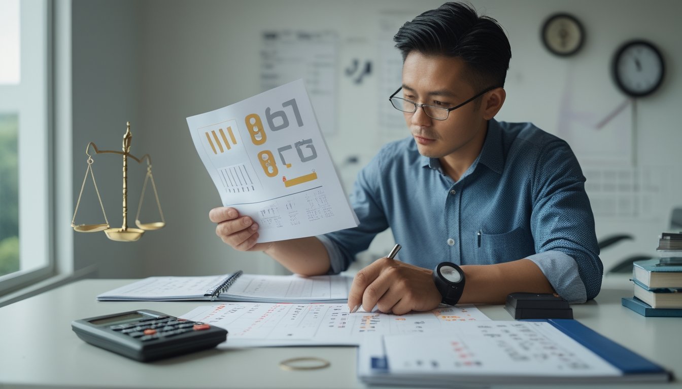 Seorang peneliti menganalisis pola angka dan grafik probabilitas di meja kerja.