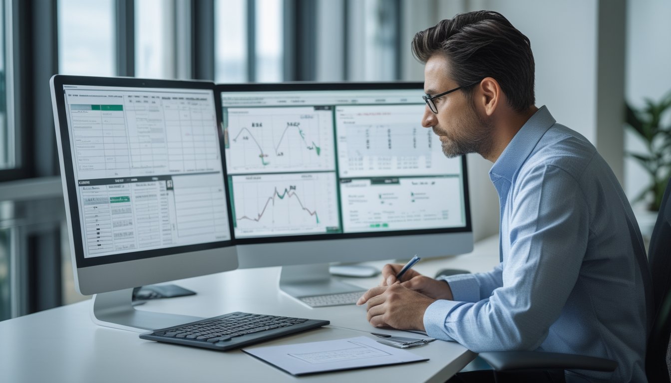 Seorang analis memeriksa grafik dan data di meja kerja modern.