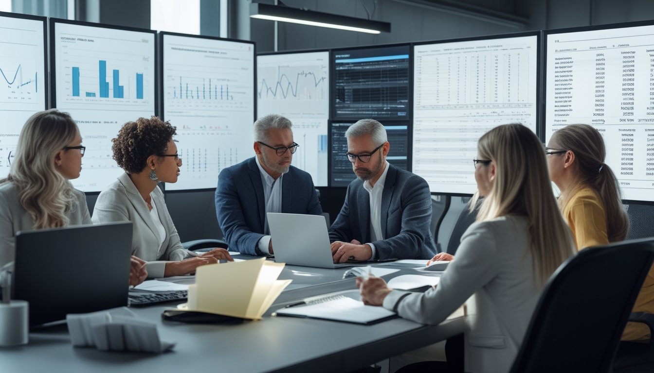 Analis dan rekannya meninjau grafik serta kumpulan data historis di ruang kerja modern.