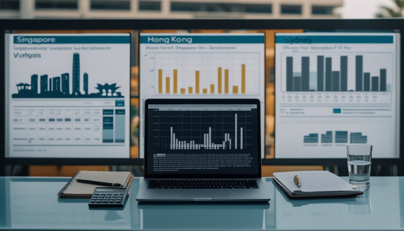 Meja analis dengan laptop berisi grafik data dan ilustrasi kota Singapura, Hong Kong, serta Sydney.