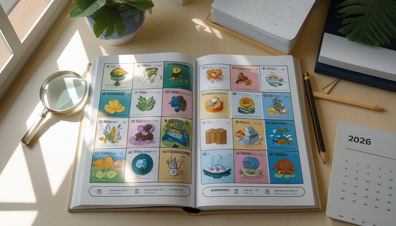 Buku bergambar terbuka di atas meja dengan simbol-simbol mimpi, alat tulis, dan kalender di sampingnya.