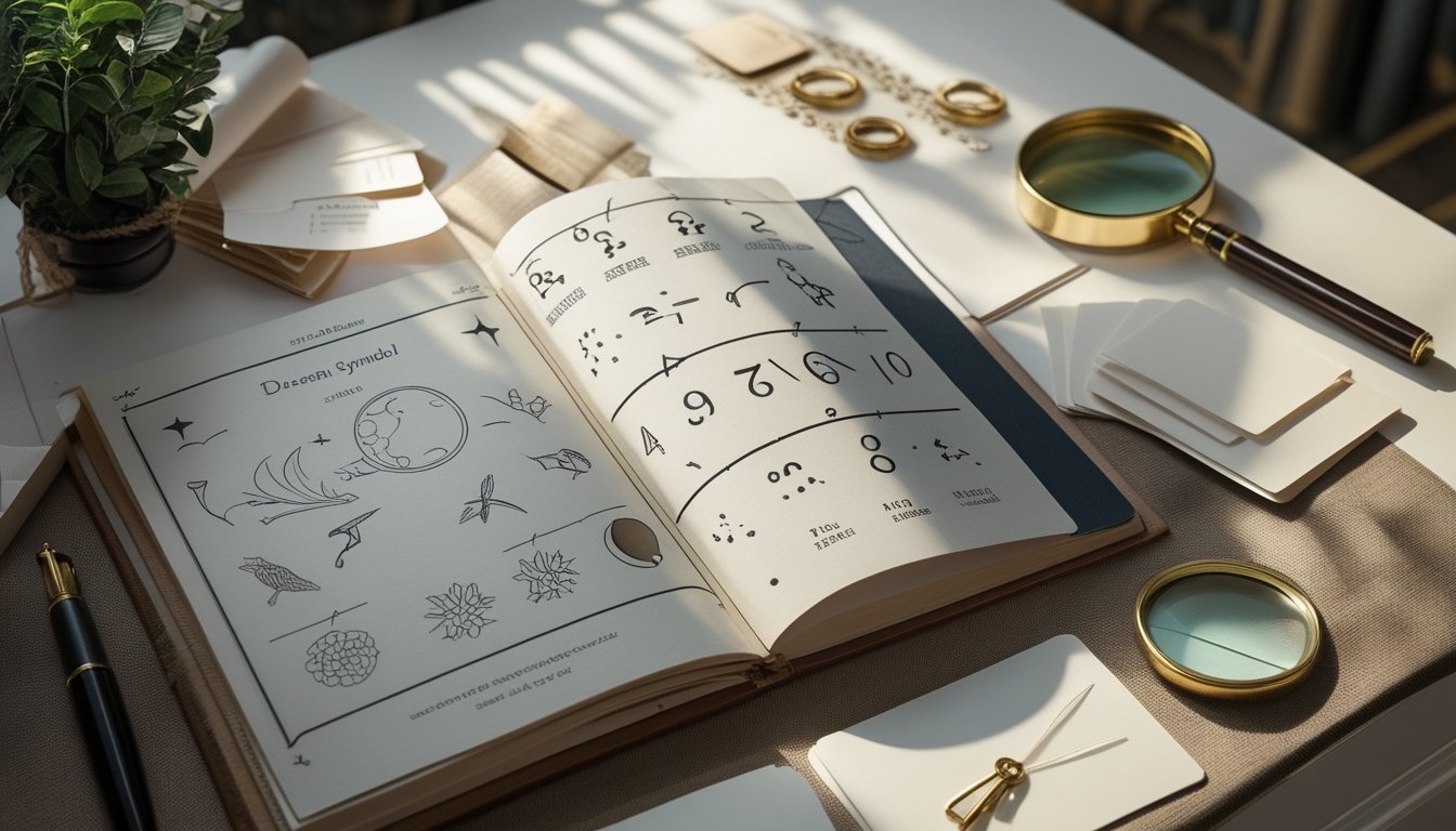 Meja belajar dengan buku terbuka berisi ilustrasi simbol mimpi dan benda-benda pendukung interpretasi.