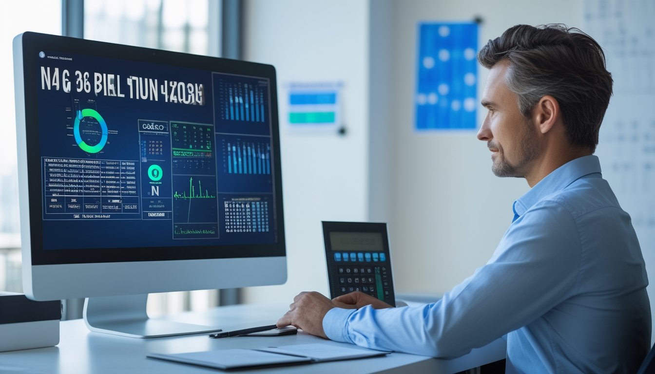 Seorang analis meninjau grafik probabilitas dan data angka di meja kerja modern.
