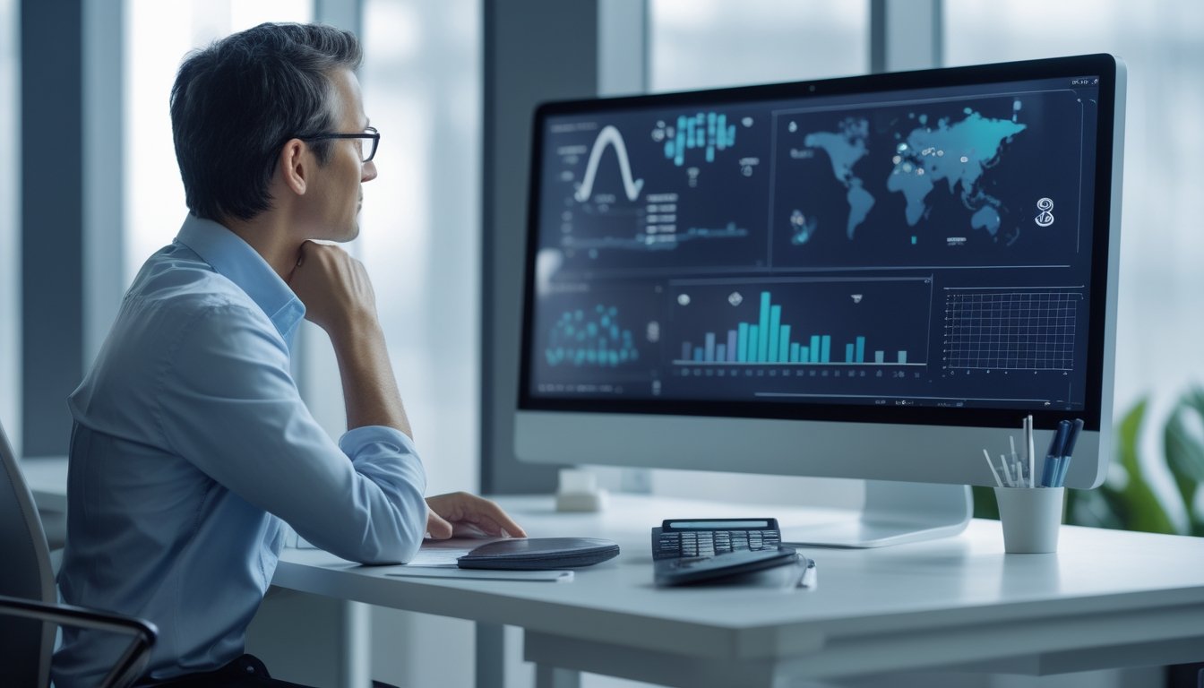 Seorang analis mempelajari pola angka dan grafik probabilitas di meja kerja modern.