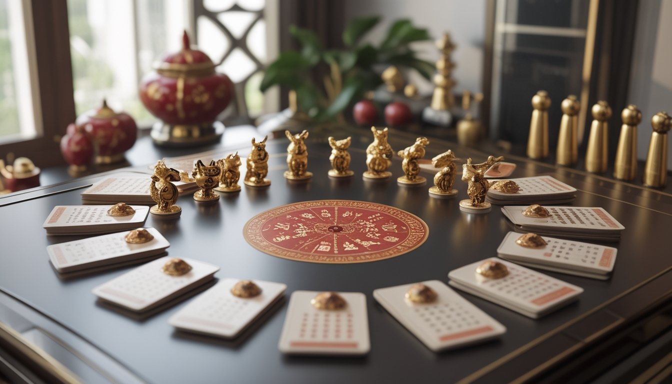 Meja dengan figur hewan zodiak, kalender tradisional, dan bola-bola angka dalam suasana elegan.