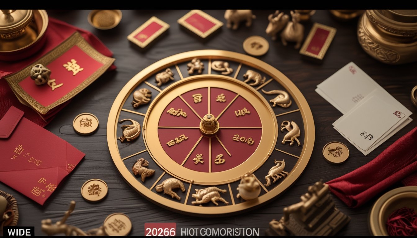 Roda zodiak Tiongkok dengan lambang kuda sebagai simbol tahun 2026, dikelilingi dekorasi merah dan emas.