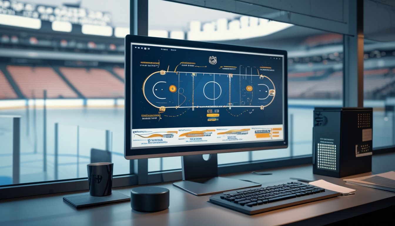Meja kerja dengan grafik analisis pertandingan hoki kandang dan tandang, perlengkapan hoki, serta layar komputer berisi visualisasi data.