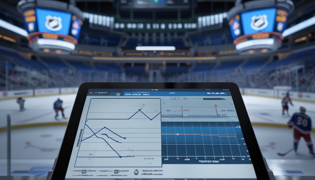 Pertandingan hoki es di arena dengan layar analisis tren performa kandang dan tandang di latar depan.