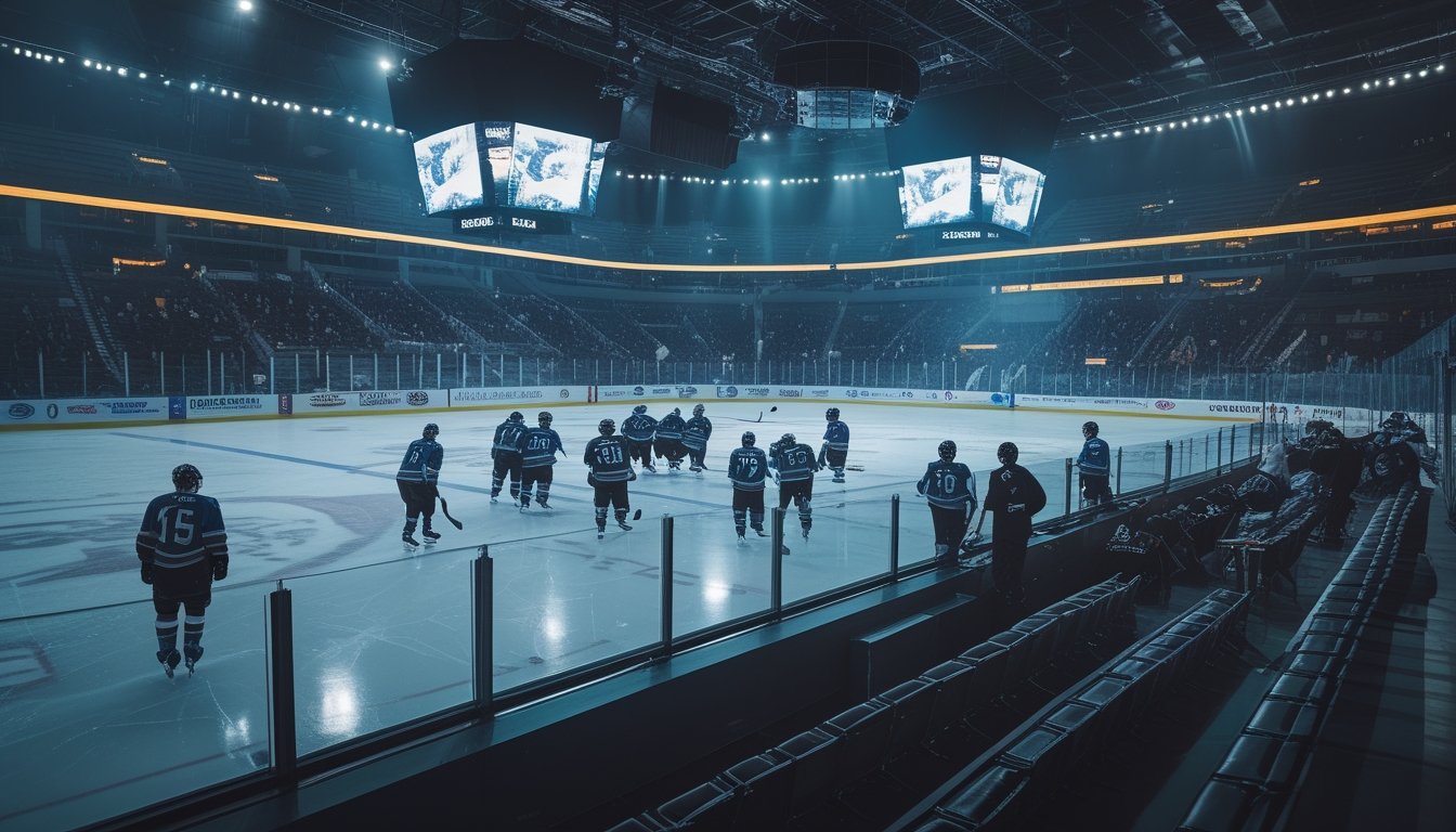 Pemain hoki es NHL bertanding dalam suasana arena yang intens, sementara rekan satu tim yang kelelahan beristirahat di bangku cadangan.